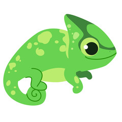 2d illustration cute cartoon chameleon with bright green body, curled tail, big eyes, friendly expression, adorable reptile character for children design.