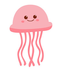 2d illustration cute cartoon jellyfish with pastel pink round bell, long tentacles, big eyes, simple smiling marine animal character design.