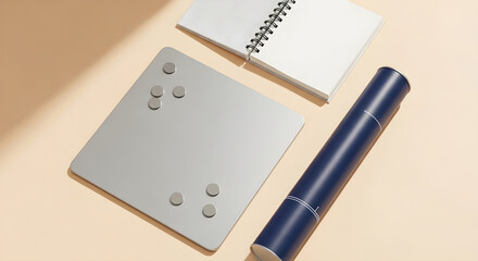 A silver magnetic whiteboard with magnets an open notebook and a dark blue tube on a light beige surface