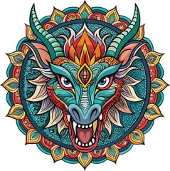 Colorful dragon head at the center of a circular design, showcasing vibrant hues and intricate patterns.