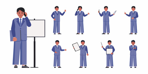 Business professional man poses collection with presentation board and technology