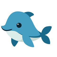 Cute cartoon baby dolphin 2d illustration in blue color with playful expression, isolated on white background, perfect for sea, marine, or children design.
