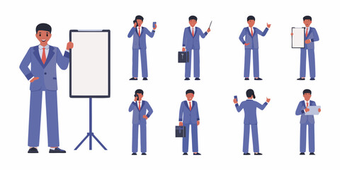 Diverse businessman poses collection with presentation board and mobile phone