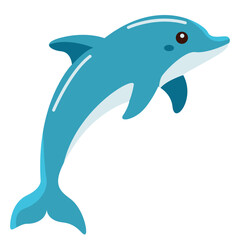 Cute cartoon dolphin 2d illustration jumping with light blue body and smiling face, isolated on white background, perfect for sea, marine, or children design.
