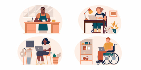 Diverse group of people working from home in a modern flat illustration style