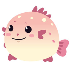 Cute cartoon pufferfish 2d illustration with round body and pink fins, isolated on white background, perfect for sea, marine, or children design.
