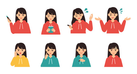 Fototapeta premium Diverse Expressions of a Young Woman in a Series of Vector Illustrations
