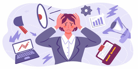 Stressed businesswoman overwhelmed by work and deadlines with charts and megaphones