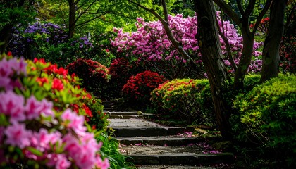 A colorful springtime garden path winds through vibrant azaleas, showcasing a spectrum of pinks, reds, and purples under dappled sunlight.