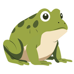 2d illustration smiling green frog sitting calmly, cartoon style amphibian character, flat vector drawing ideal for kids content, nature education, and storytelling visuals.
