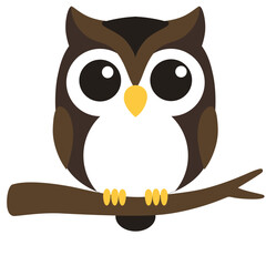 2d illustration wise cartoon owl with big eyes sitting on a branch, flat vector style perfect for education, storytelling, or night-themed children’s content.
