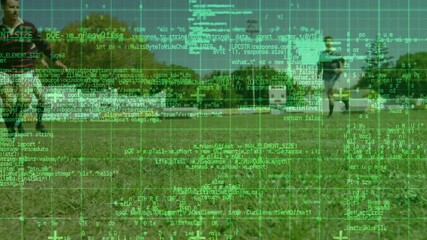 Two rugby players initiating chase under digital code grid, tackling opponent to secure ball - Powered by Adobe