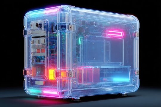 Transparent cube housing glowing tech components
