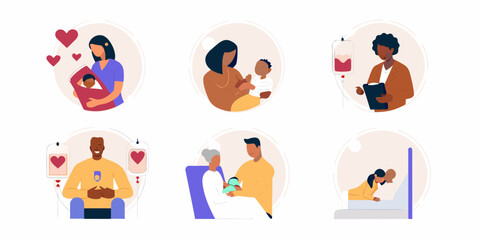 Fototapeta premium Diverse people in medical and family care settings including blood donation childbirth and recovery