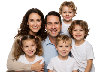 Happy Family Portrait Parents and Three Children Smiling Together