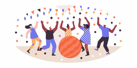 Diverse group of people celebrating and dancing together with confetti and colorful decorations