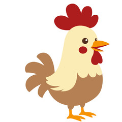 2d illustration cartoon chicken with light brown feathers, beak open, standing happily. Ideal for farm themes, rural designs, children’s books, and agricultural concepts.