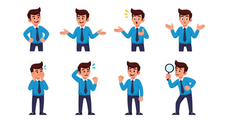 Set of Vector Cartoon Illustrations of a Businessman in Various Poses and Gestures, Expressing Different Emotions