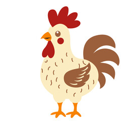 2d illustration cartoon rooster with beige and brown feathers, standing proudly. Perfect for farm themes, rural designs, children’s books, and playful agricultural concepts.