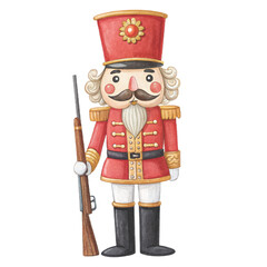 watercolor illustration of a nutcracker soldier toy White background
