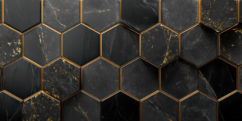 Black hexagon glossy stones with gold accents create luxurious and minimal design. pattern is elegant and sophisticated, perfect for modern interiors