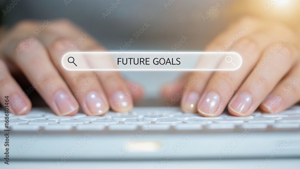 Poster long term student goals concept. hands typing on a keyboard searching for future goals.