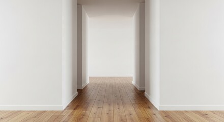 Fototapeta premium Minimalist empty corridor with white walls and wooden floor interior modern architecture.