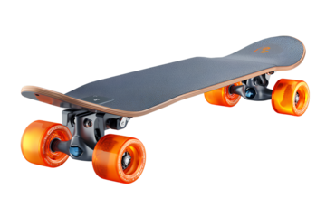 Dynamic Tilted Skateboard with Grey Deck and Orange Wheels, Perspective Front Angle, Transparent Background.png