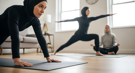 Women Practicing Yoga at Home in Neutral Setting