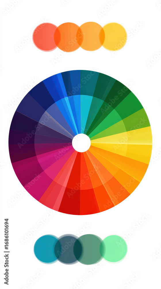 Poster vibrant circular color wheel with rainbow segments is displayed, surrounded by smaller color palette