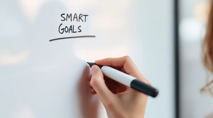 long term student goals concept. Writing SMART goals on a whiteboard with a marker.