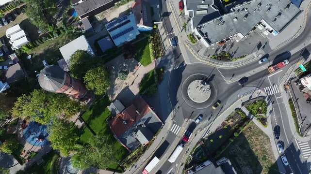 Aerial Strzelno Poland round about traffic high 1. Central north Poland. German occupation World War II. Farm rural area. Historical trade and religious center. Historic buildings rural village.