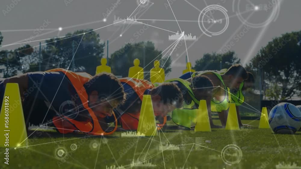 Poster on drill start soccer players dropping into push-up pressing up touching cones tracking metrics