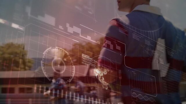 Data overlay appearing as rugby player passing ball while HUD updating for technology analysis - Powered by Adobe