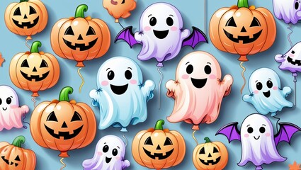 Obraz premium Cute Halloween balloons shaped like pumpkins, ghosts, and bats, cartoon kawaii style, bright pastel colors, child-friendly