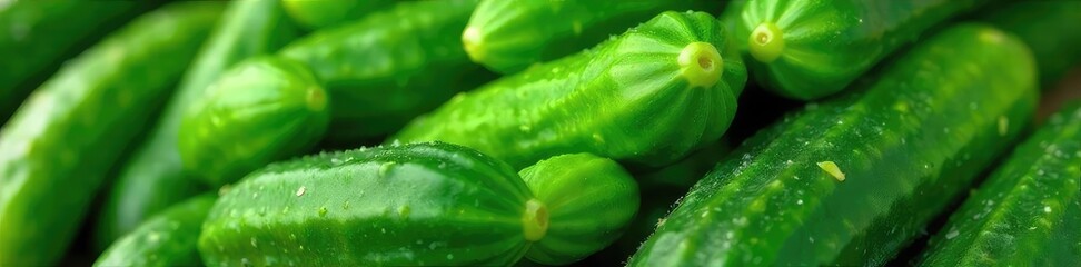 Close-up of vibrant green Persian cucumbers, glistening with freshness, ready to be added to a refreshing summer salad Ideal for healthy eating and culinary applications , vegetarian, low calorie