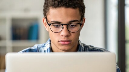 long term student goals concept. Focused young man working on a laptop indoors.