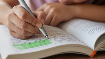 long term student goals concept. Person highlighting text in a book with a pen.
