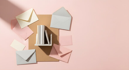 Soft pastel envelopes and books arranged on a textured surface with dramatic shadows