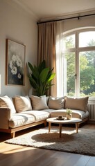 Cozy and bright living room interior design with comfortable furniture and natural light streaming through large windows Perfect for relaxation and entertaining , natural light, airy
