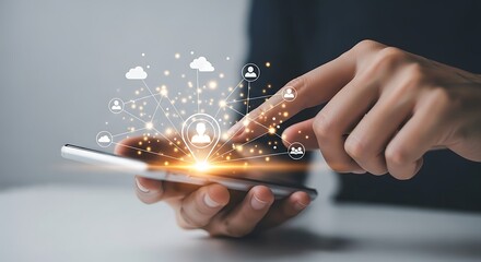 Hands on Smartphone Connecting People Social Network and Communication Marketing Technology Business Concept