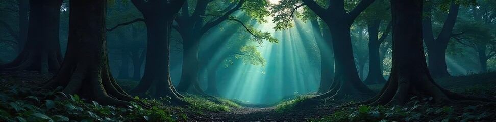 Deep shadows shroud ancient trees in a dense, mysterious dark forest Sunlight barely penetrates the thick canopy, creating an eerie atmosphere of twilight and stillness , ferns, roots
