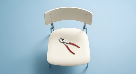 A single pair of red handled pliers rests on the seat of an empty cream colored chair