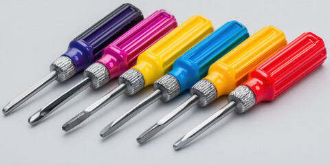 Set of six isolated screwdrivers with colorful handles arranged row clean surface. handles are vibrant, featuring purple, pink, yellow, blue, and red colors, creating visually appealing display