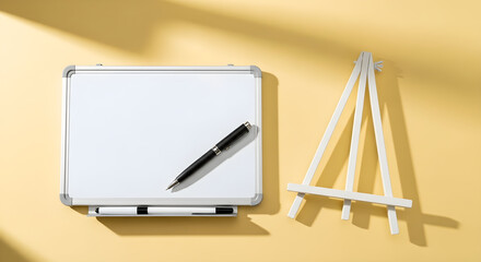 White dry erase board with a black pen and miniature easel on a yellow