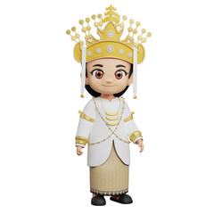 3d illustration female character in white ceremonial attire with golden crown, representing traditional cultural royal fashion and elegant ceremonial clothing for events.
