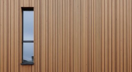 Modern wooden facade with vertical slats and narrow glass window