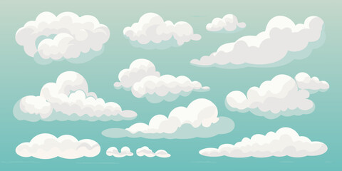 Collection of fluffy white cartoon clouds scattered across a soft blue sky background