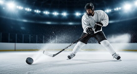 Obraz premium Intense hockey player striking puck on ice in stadium under bright lights action shot