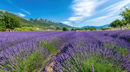 Naklejka premium Lavender field under a summer sky